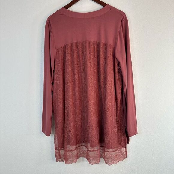 LOGO Lori Goldstein Rose Pink Jersey Cardigan Women’s 1X Mixed Media Lace Back - Picture 2 of 10